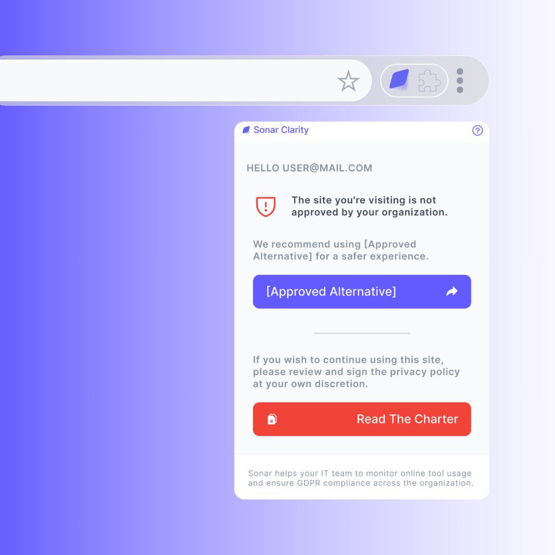 Browser extension pop-up recommending a safer, approved alternative to a restricted site, enhancing cybersecurity and compliance with Sonar Clarity