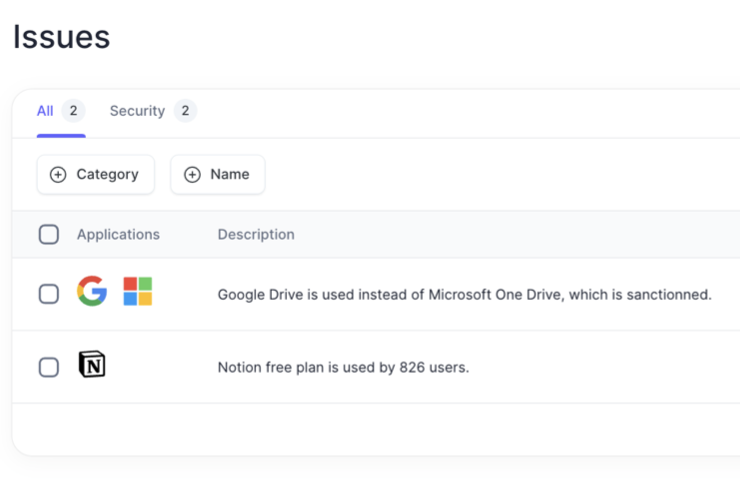 Sonar Clarity dashboard displaying security alerts for applications, indicating Google Drive is used instead of sanctioned Microsoft OneDrive, and a Notion free plan with over 800 users